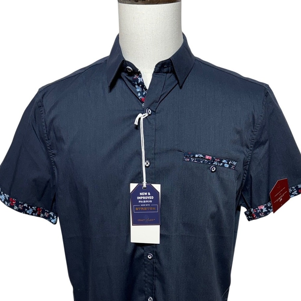 Craft + Flow Shirt Mens Medium Navy Button Up Short Sleeve Stretch Floral Trim